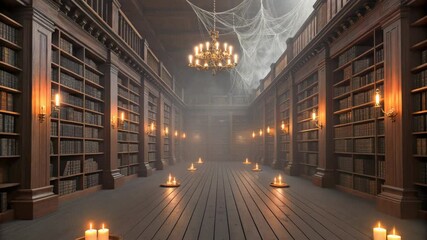 Majestic Ancient Library Interior Bookshelves Candles Wooden Floor Antique Books Reading Room Atmosphere - Powered by Adobe