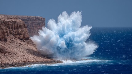 Fototapeta premium Powerful wave crashing against rugged coastline cliffs creating an impressive ocean spray spectacle