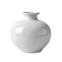 A simple, round, white ceramic vase sits elegantly on a white surface showcasing its smooth, reflective surface and graceful silhouette in the bright studio light.