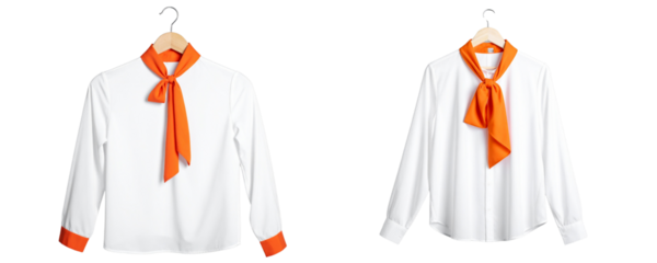 Set of Elegant women's blouse with a tie neck in an orange color, hanging on a hanger