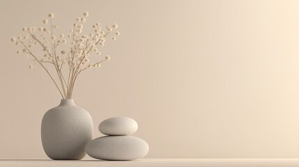Zen Still Life with Vase, Dried Flowers, and Stones