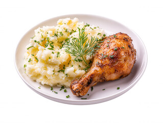 Deliciously plated roasted chicken drumstick is served alongside creamy mashed potatoes, garnished with fresh herbs, creating a wholesome and satisfying meal.