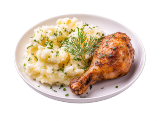 Deliciously plated roasted chicken drumstick is served alongside creamy mashed potatoes, garnished with fresh herbs, creating a wholesome and satisfying meal.