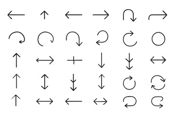 Set of arrows, turns, directions, and flow symbols designed in simple line art, showing various movement patterns and transitions in icon set