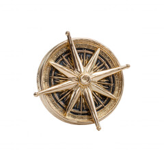 A shining golden compass with intricate details points the way to adventure and exploration against a clean, minimalist white background creating a striking image.
