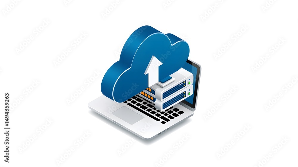 Poster isometric illustration of cloud storage for downloading, representing a digital service or applicati