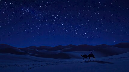 Fototapeta premium Silhouette camels traverse desert under starry night sky.