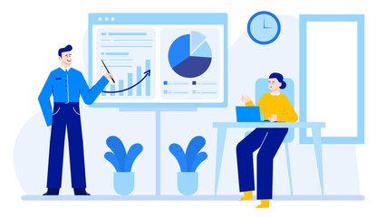 Man presenting graph to woman at desk. Suitable for business presentations, teamwork concepts, financial analysis, professional discussions, and office collaboration.