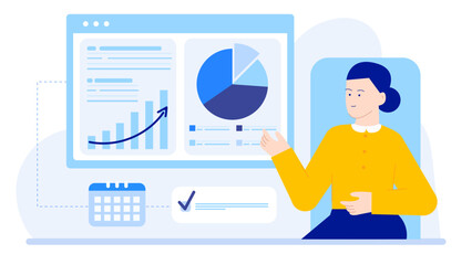 Woman presenting a graph and pie chart, suitable for business presentations, financial reports, data analysis concepts, corporate training materials.