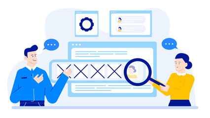 Two people discussing a profile webpage suitable for social media, online forums, web design, digital marketing, technology concepts.
