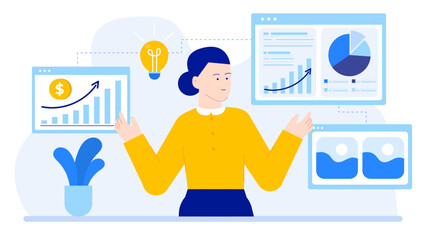 Woman presenting financial data graphs in a professional setting, suitable for business presentations, reports, marketing materials, and financial blog posts.