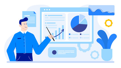 Man in a blue shirt presenting data graphs, ideal for business presentations, financial reports, marketing materials, and educational content.