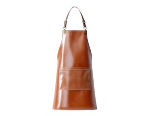 A stylish brown leather apron with a glossy finish and a large rectangular pocket hangs isolated against a clean white backdrop ready for culinary adventures.
