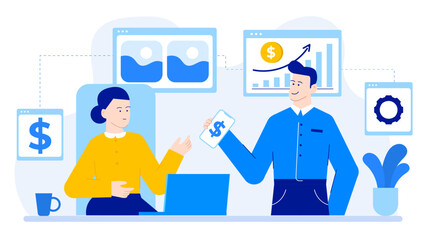 Two businesspeople analyzing financial reports and strategizing for business expansion. Perfect for website graphics, presentations, and marketing materials.