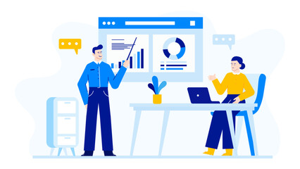 Two individuals analyzing data on a computer, perfect for business presentations, technology articles, teamwork concepts, and financial reports.