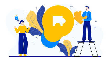 Two people solving lightbulb shaped puzzle, teamwork, problem solving, innovation, brainstorming, creativity, collaboration, strategy, solution, progress, partnership, teamwork concepts.