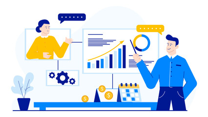 Man presenting chart with graphs and pie chart. business illustration