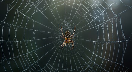 Fototapeta premium Spider in a Dew-Kissed Web