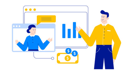 Man presenting financial data to a woman online. Suitable for presentations, financial blogs, online consultations, digital marketing materials.