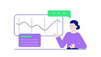 Woman presenting line graph with green dots, suitable for business presentations, financial reports, data analysis concepts, and educational materials.