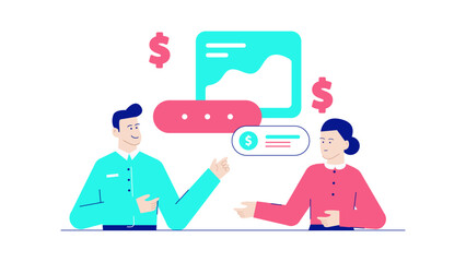 Two people discussing financial chart with dollar signs. Suitable for business discussions, finance concepts, investment strategies, money management presentations.