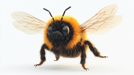 Fluffy, cartoon bee with wings, front view