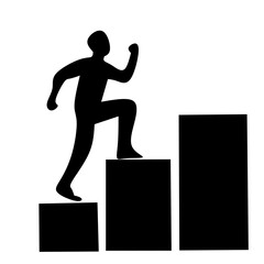 Black silhouette of a person climbing increasing steps. Symbolizes progress, achievement, ambition, and career growth