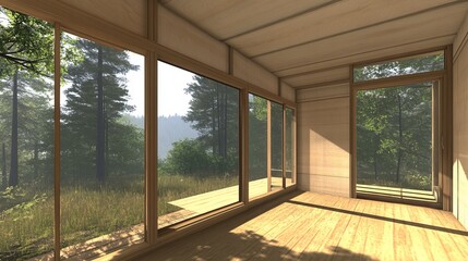 Fototapeta premium Modern interior with large windows, natural light, forest view, wood floor, cabin-like design