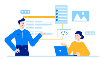 Two people collaborating on a project, brainstorming and discussing ideas in an office setting. Suitable for teamwork and business concepts.