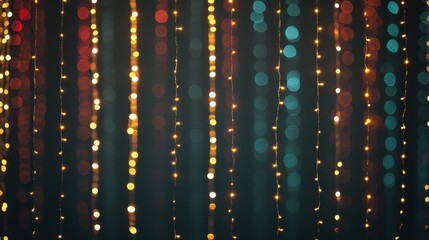 Vertical strands of warm and cool-toned bokeh lights on a dark background create a festive, blurred curtain effect