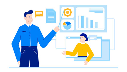 Two people having a virtual business meeting. Suitable for website graphics, presentations, online collaboration tools, and remote work concepts.