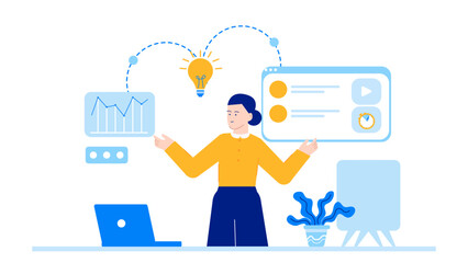 Woman presenting a business idea, suitable for presentations, entrepreneurship articles, marketing materials, corporate websites, and business concept visuals.