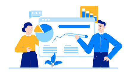 Two people analyzing a pie chart on a chart. Suitable for business, finance, data analysis, teamwork concepts in presentations.