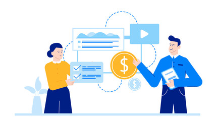 Two people discussing a business idea. Suitable for business presentations, team meetings, entrepreneurship articles, and brainstorming concepts.
