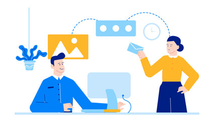 Two colleagues collaborating at a desk in a modern office. Suitable for business presentations, websites, and marketing materials.