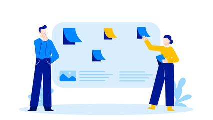 Two people brainstorming ideas on a blue whiteboard. Perfect for team collaboration, presentation concepts, brainstorming sessions, and project planning.