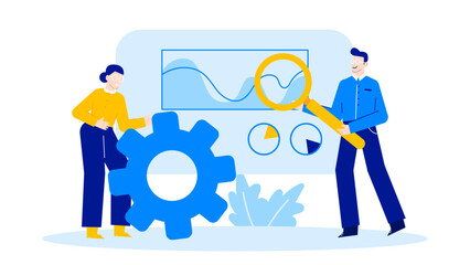 Conceptual business teamwork with a magnifying glass, gears on a chart. Perfect for illustrating collaboration, analysis, strategy, and innovation.