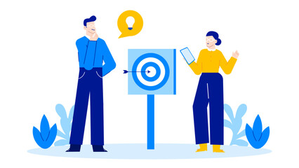 Two people by a target with an arrow; teamwork, goal achievement, success, challenge, competition, strategy, precision, aiming, partnership, hitting the mark.