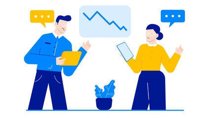 Two people analyzing a declining graph. Suitable for financial crisis, economic downturn, investment losses, market decline concepts in presentations or articles.