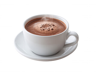 Fototapeta premium A steaming cup of rich hot chocolate sits on a white saucer against a clean white background, showcasing a delightful warm beverage in its simple elegance.