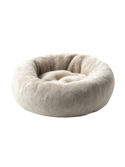 A luxurious and cozy faux fur round dog bed in a neutral beige color provides a comfortable and stylish resting place for pets isolated against white background.