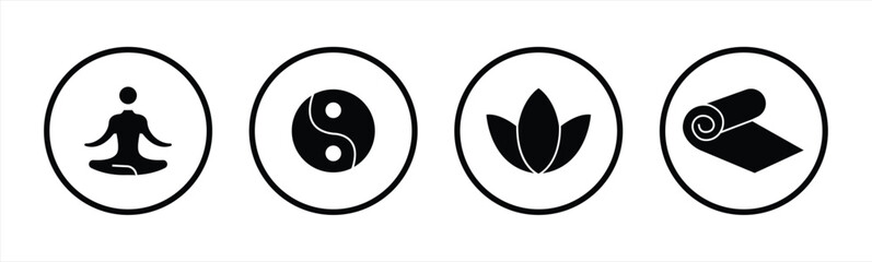 Set of yoga relaxation icons. Meditation logo. Linear and silhouette style. vector illustration