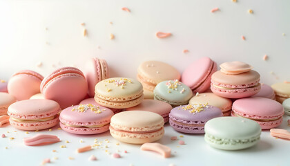 Obraz premium Pile of Colorful Macarons on White Background, Pastel Tones