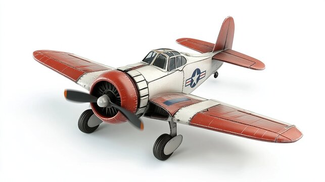 Retro airplane model, vintage style,  white and red, toy