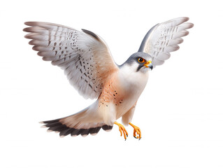 Obraz premium A beautiful Amur Falcon with its wings fully spread and flying gracefully against a clean white backdrop showcases its captivating plumage and features perfectly.