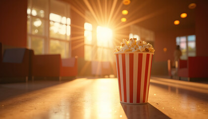 Popcorn in Striped Container Sitting in Bright Room