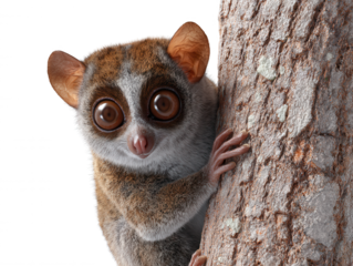 A cute mouse lemur with big brown eyes clings to the side of a tree trunk, its tiny hand gripping the bark and looking curiously towards the viewer now.