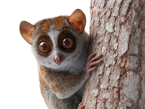 A cute mouse lemur with big brown eyes clings to the side of a tree trunk, its tiny hand gripping the bark and looking curiously towards the viewer now.