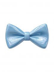 A shiny light blue bow tie presented against a clean white backdrop reflects light, showcasing its classic and elegant design with a playful modern twist.