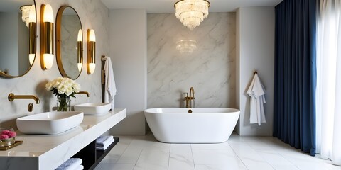 Opulent bathroom with marble accents, double sink, and gold faucets, lit by a crystal pendant, creating an extravagant and refined space.